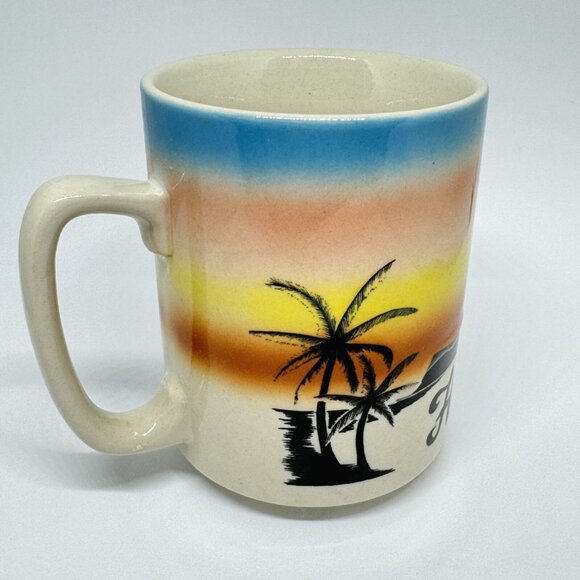 Hawaii Stoneware Vintage Mug Sunset Beach Palm Trees Silhouette Coffee Cup EUC - Picture 5 of 7
